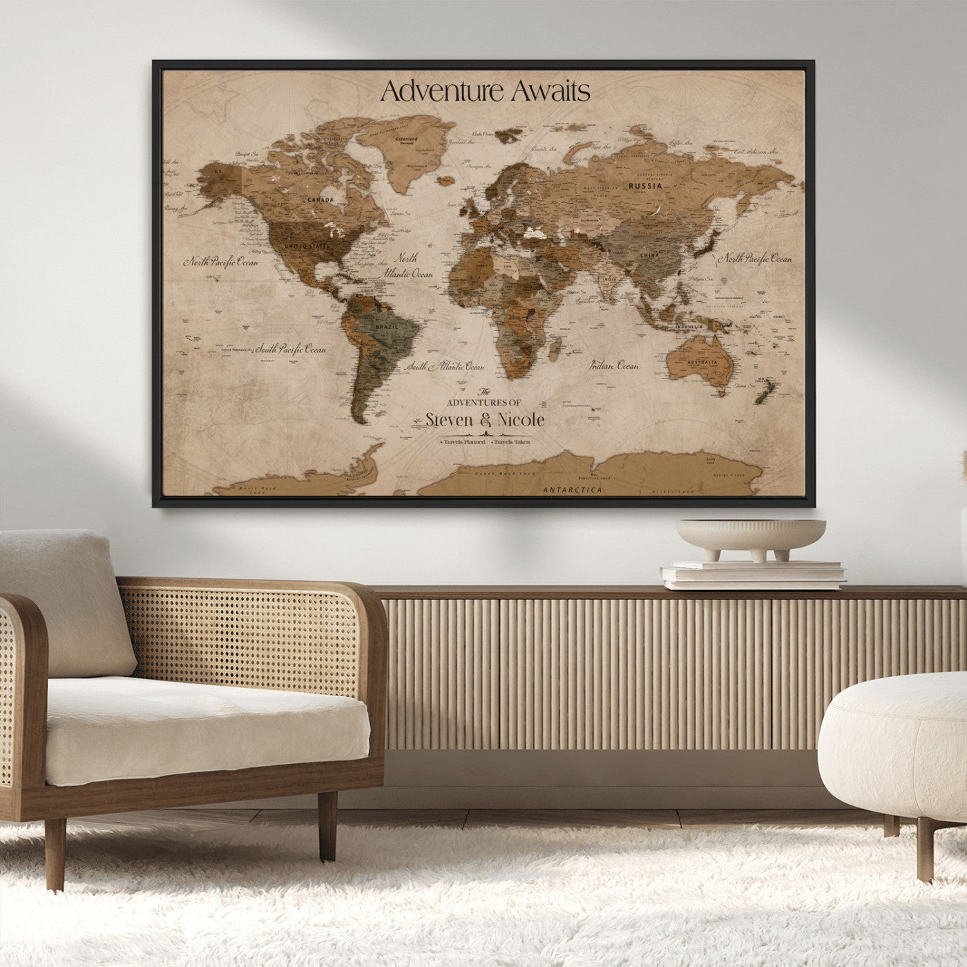 MGV-FC-36X24 - Custom Push Pin World Map Wall Canvas Print – Personalized Travel Tracker with Pins – Framed Custom Quotie Canvas for Home Office Decor