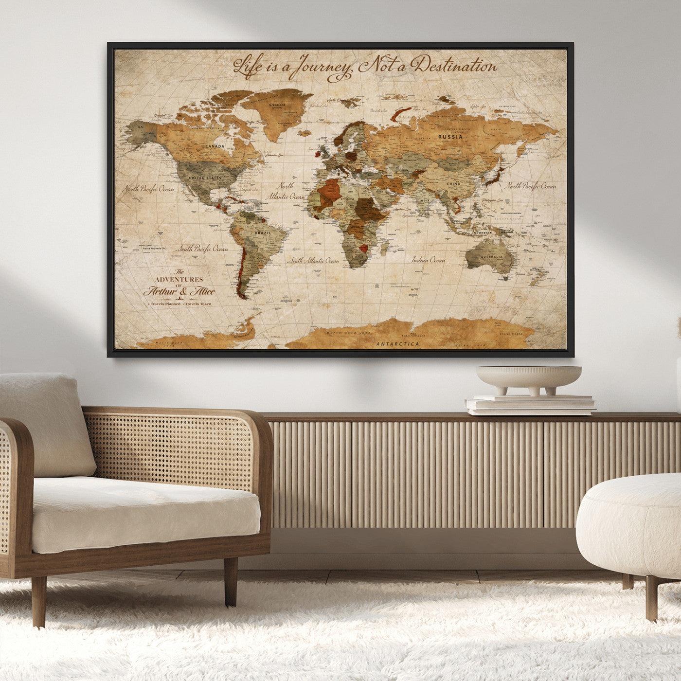 MGV-FC-36X24 - Customizable Framed World Map Wall Art, Personalized Push Pin Travel Maps Canvas Print, Handcrafted in USA, 100 Pins with Foam Backing