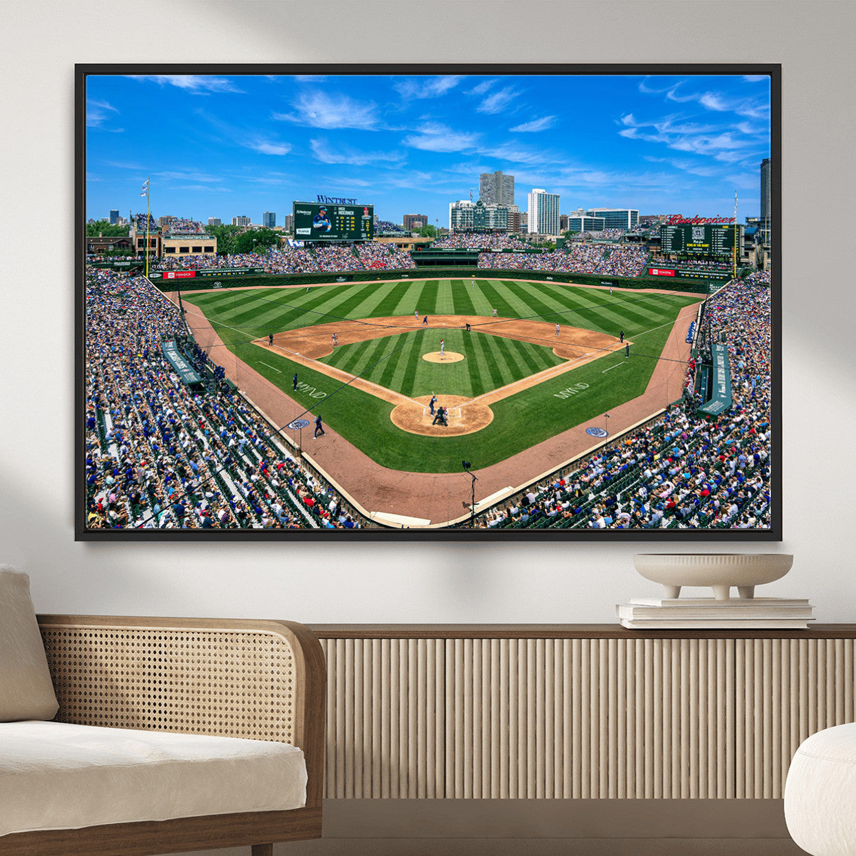 35800083-MGV-FC-36X24 - Wrigley Field Baseball Stadium Canvas Wall Art – Packed Crowd Sports Stadium City Skyline Artwork for Home Office