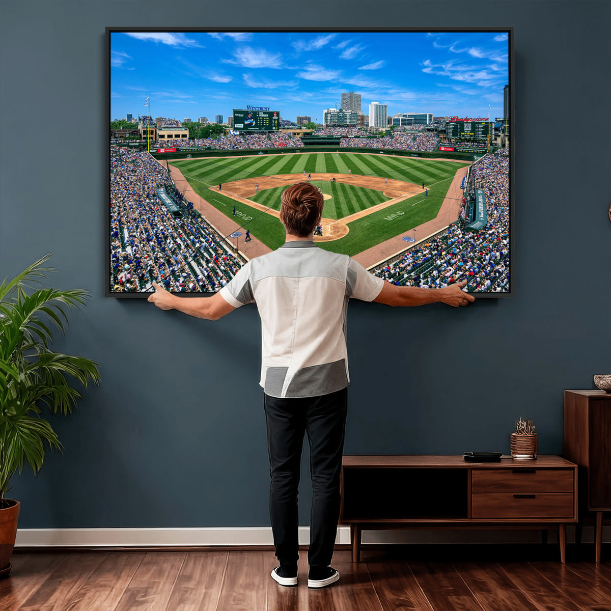 35800083-MGV-CV-36X24 - Wrigley Field Baseball Stadium Canvas Wall Art, Packed Crowd and Chicago Skyline