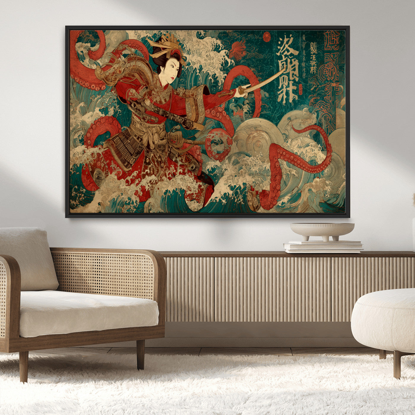 MGV-FC-36X24 - Tsukioka Yoshitoshi Samurai Wall Art Print, Japanese Katana Warrior Canvas Wall Art, Octopus Sea Monster Canvas Print,