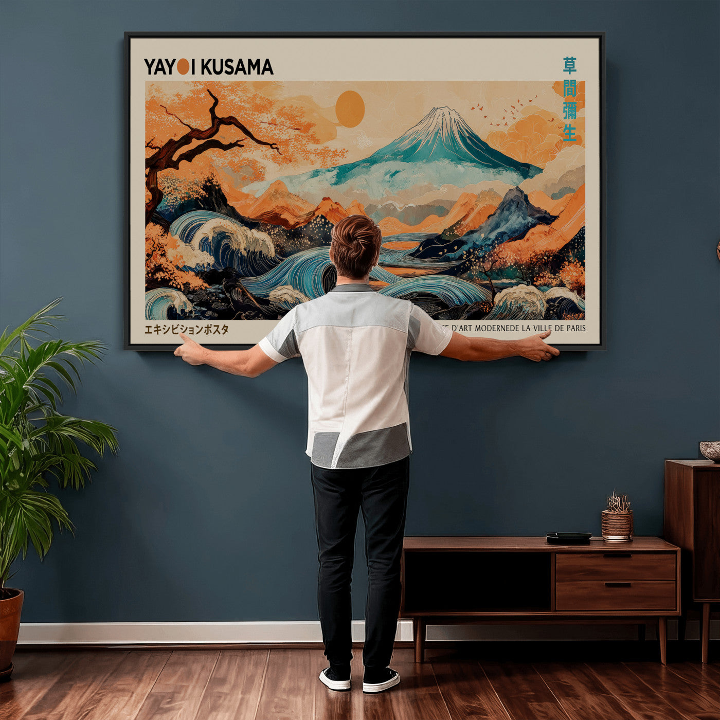 94085549-MGV-CV-36X24 - Yayoi Kusama Japanese Landscape Wall Art Canvas Print – Modern Abstract Mount Fuji Wall Art - Japanese Waves & Autumn Trees Print