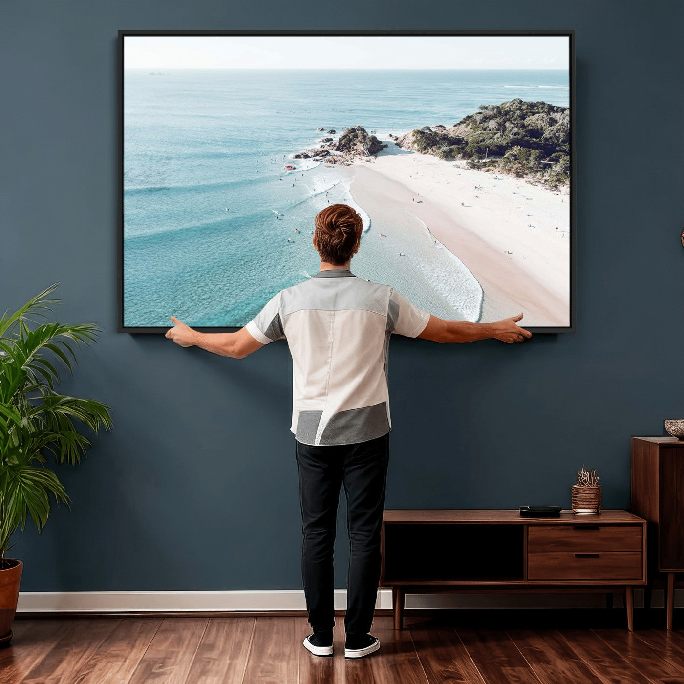 79395467-MGV-CV-36X24 - Aerial Beach Wall Art Canvas Print, Coastal Ocean Waves and Surfers Scenic Seaside Artwork for Home, Office Decor