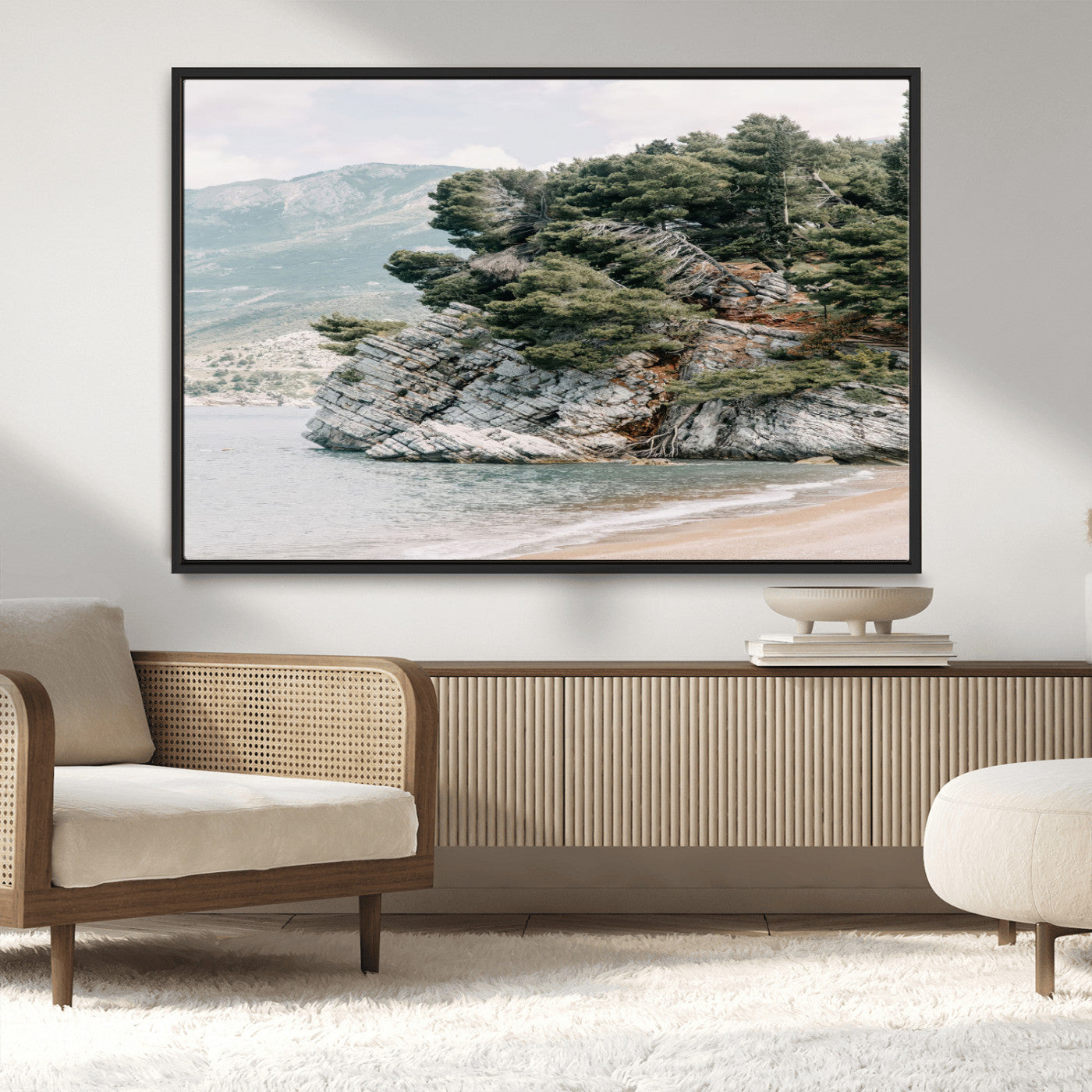 MGV-FC-36X24 - Coastal Rock Canvas Wall Art Print, Scenic Beach Landscape, Pine Trees on Rocky Cliff, Large Nature