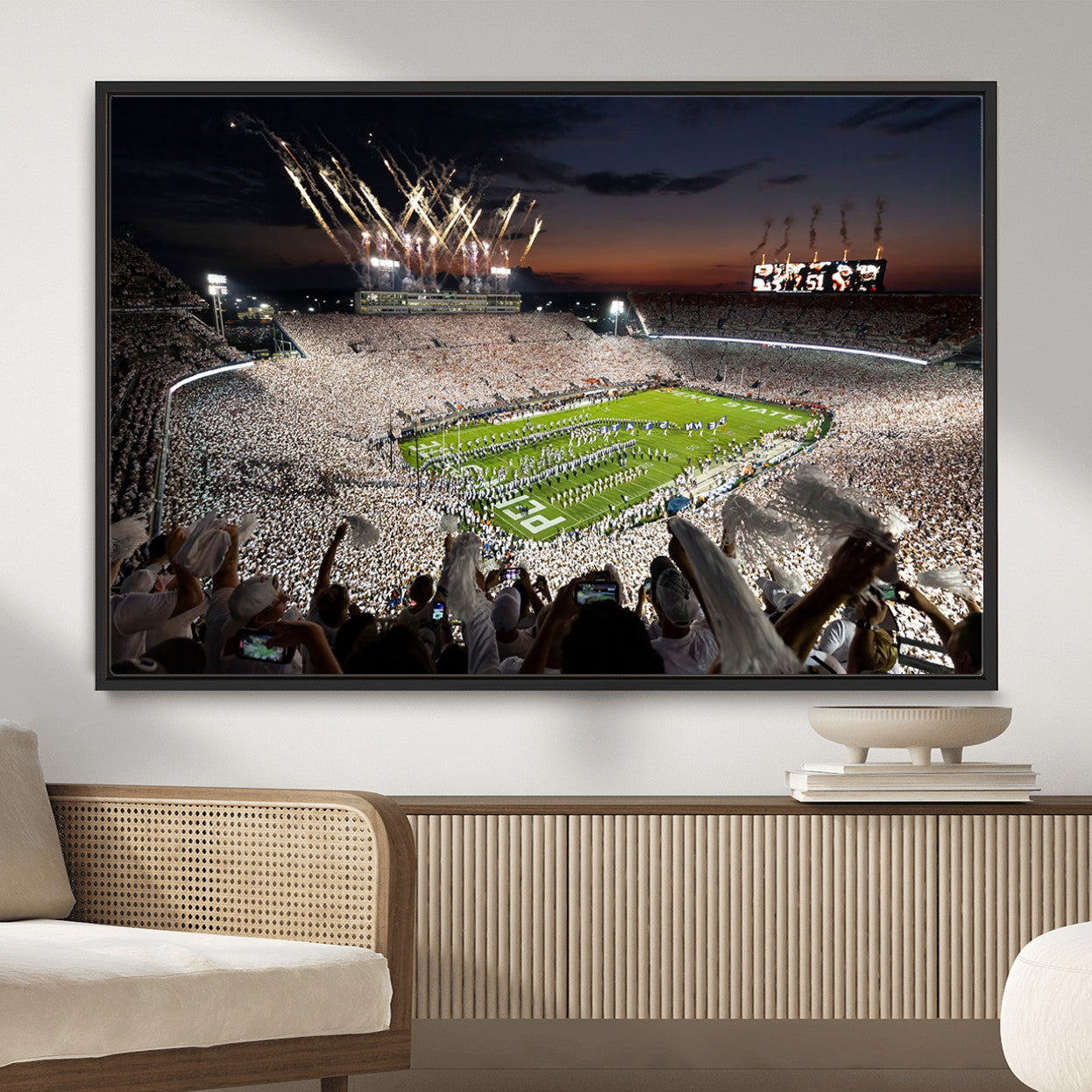11221988-MGV-FC-36X24 - Epic Night Football Stadium Wall Art Canvas Print, Fireworks and Crowd Energy Game Day Excitement Decor for Home, Office