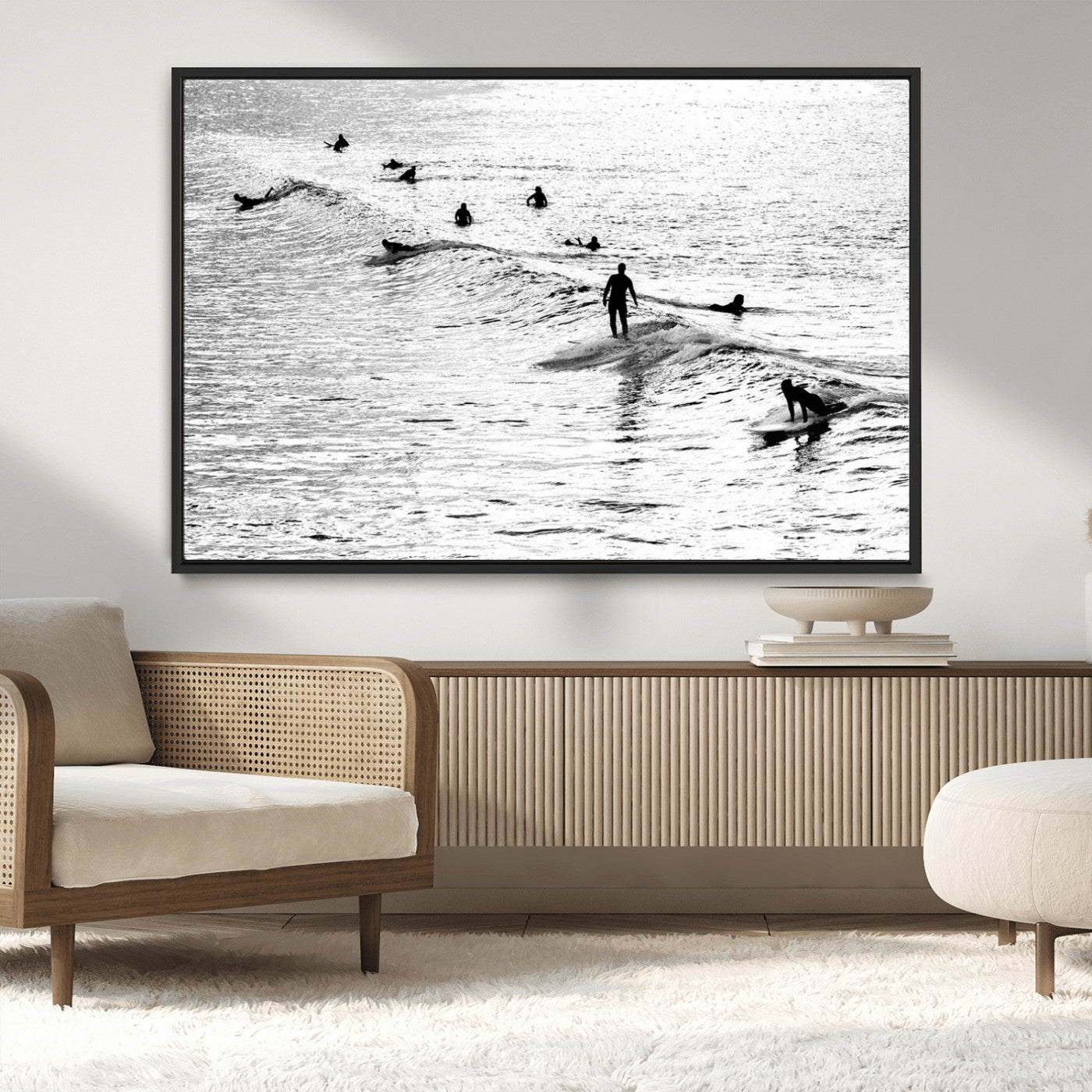 MGV-FC-36X24 - Black and White Surfers Riding Gentle Ocean Waves – Minimalist Coastal Photography Wall Art Canvas