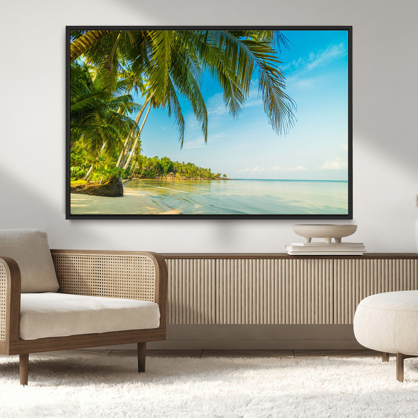 MGV-FC-36X24 - Peaceful Tropical Beach with Palm Trees and Calm Blue Sea – Serene Coastal Wall Art Canvas Print for
