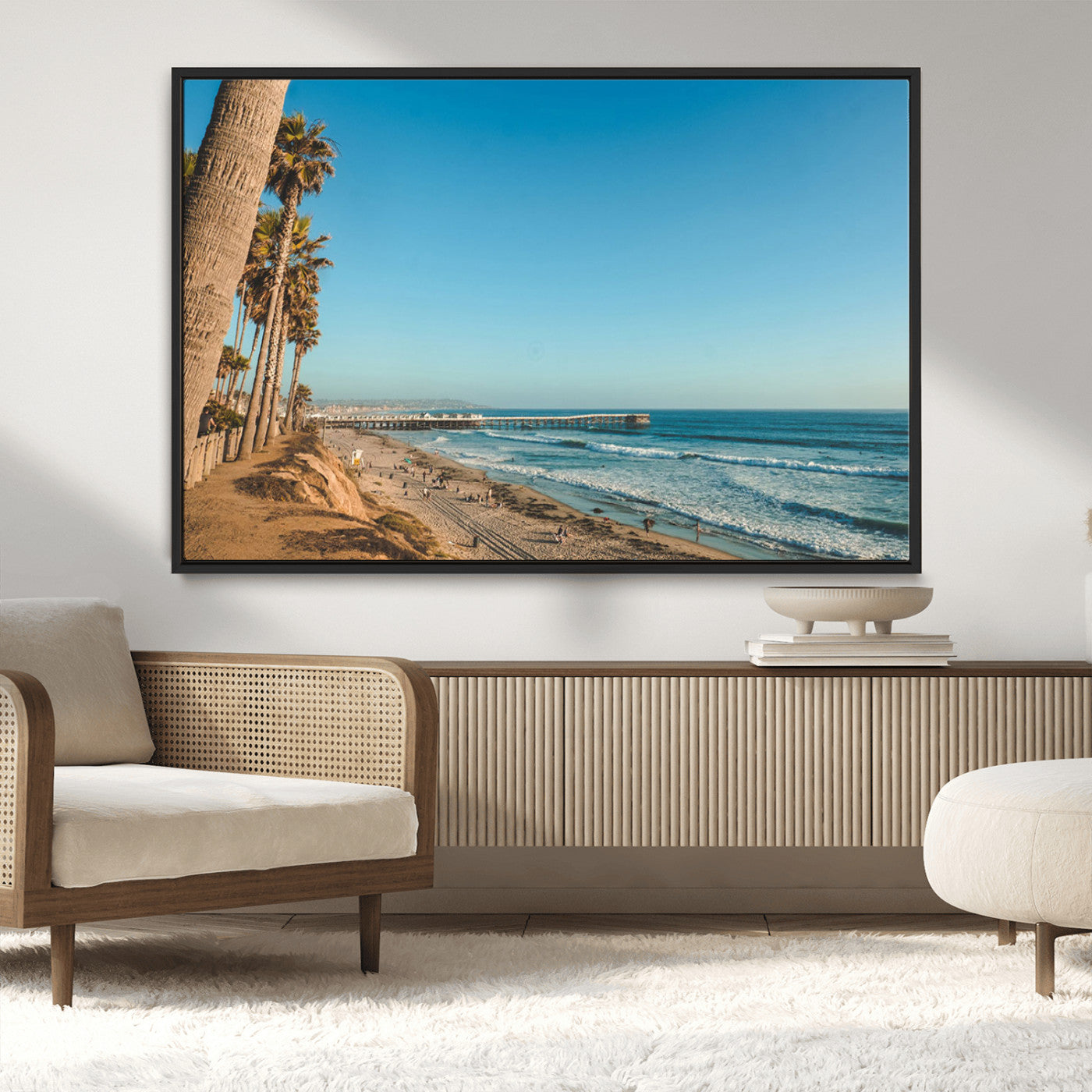MGV-FC-36X24 - Scenic Beach with Tall Palm Trees, Sandy Shore, and Long Pier Stretching into the Calm Ocean Under