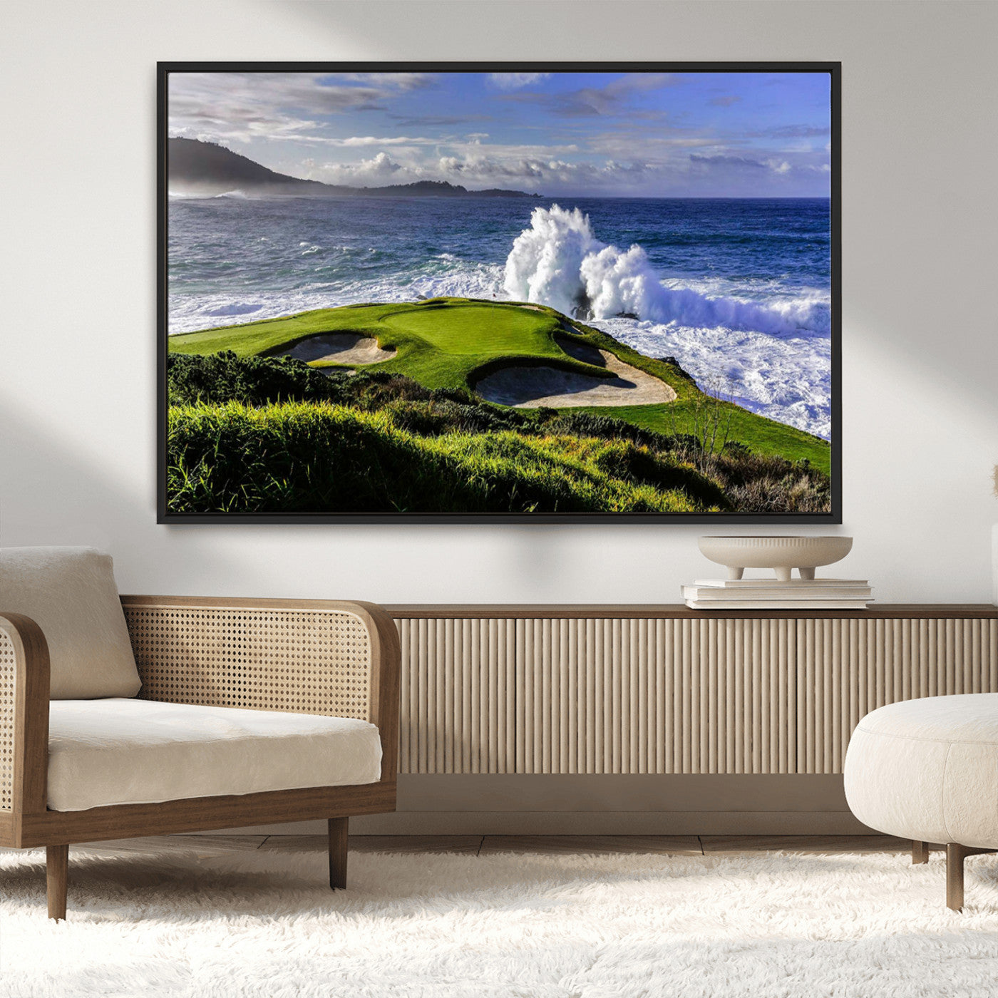 -Dramatic Ocean Waves Crashing Against Rocky Coastline Near a Green Golf Course – Stunning Wall Art