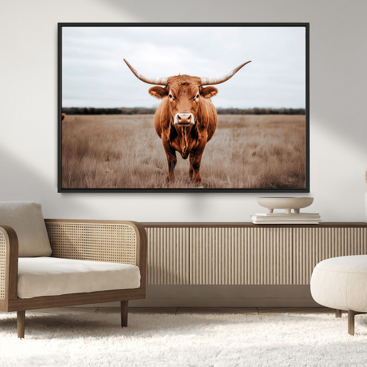 MGV-FC-36X24 - Longhorn bull, open field, rustic charm, natural beauty, Wall Art Canvas Print, countryside,