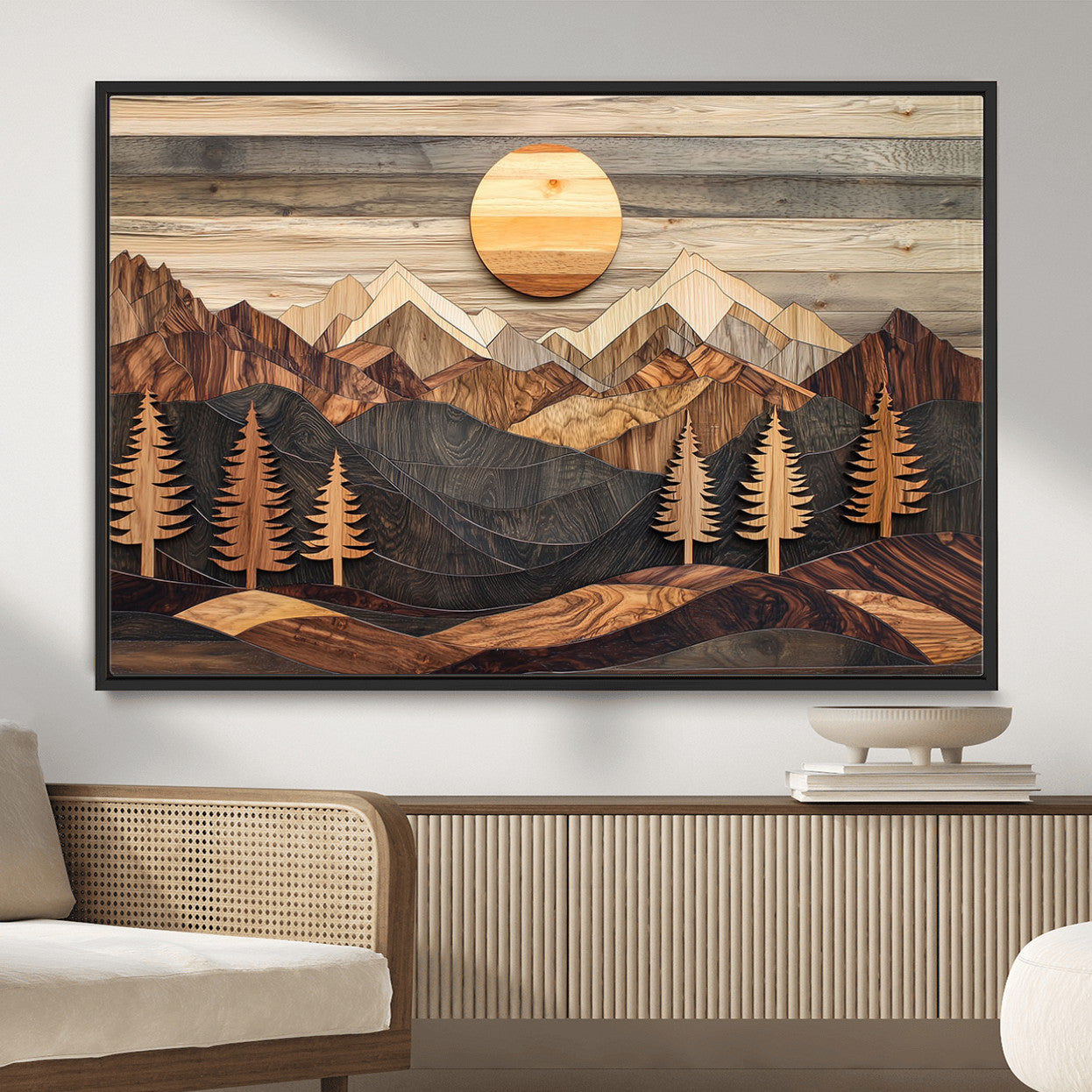 19832326-MGV-FC-36X24 - Wooden Mountain Landscape Layered Texture Geometric Shapes Sun Pine Trees Rustic Natural Tones Art