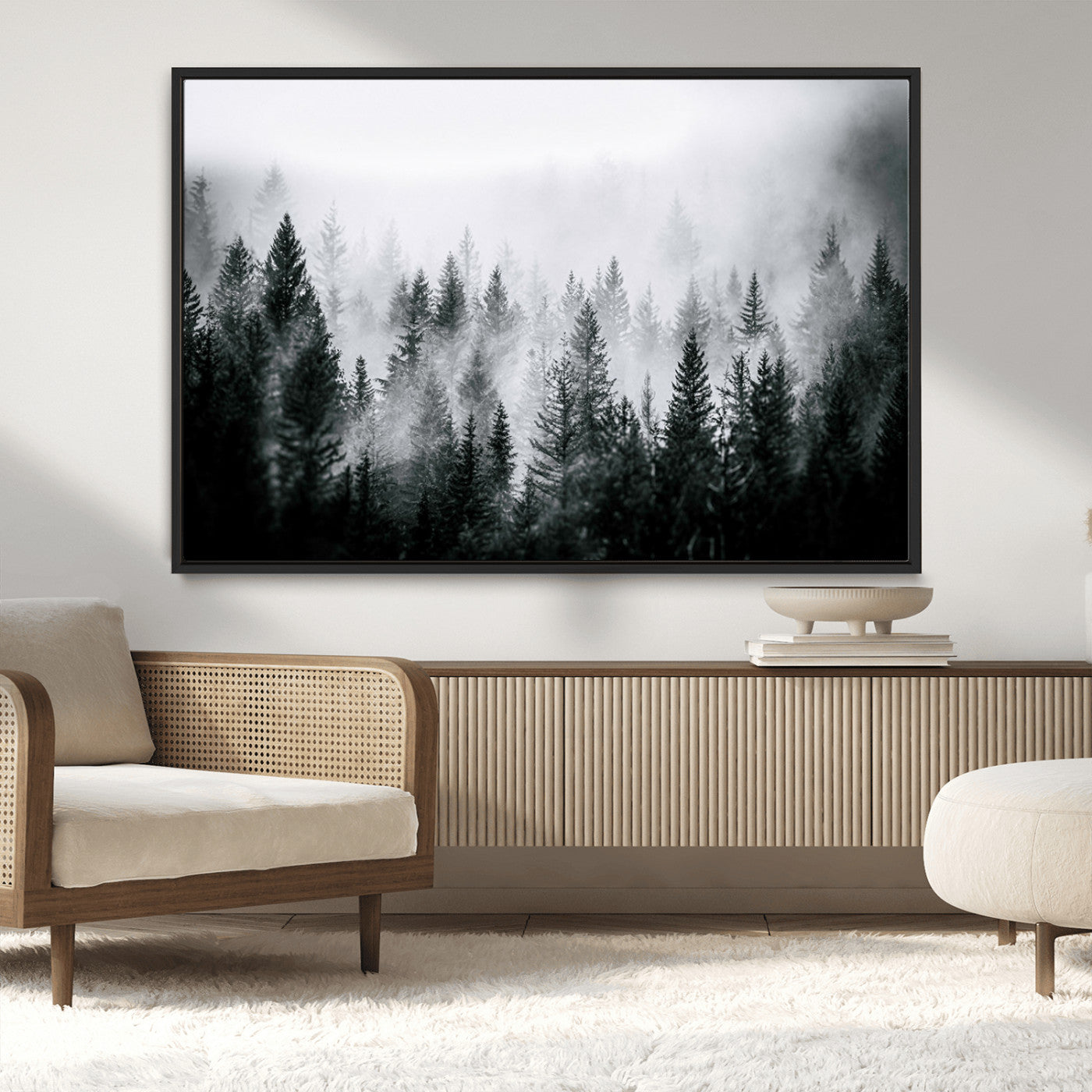 MGV-FC-36X24 - Foggy Pine Forest Canvas Wall Art – Black and White Nature Landscape Print, Horizontal Canvas for