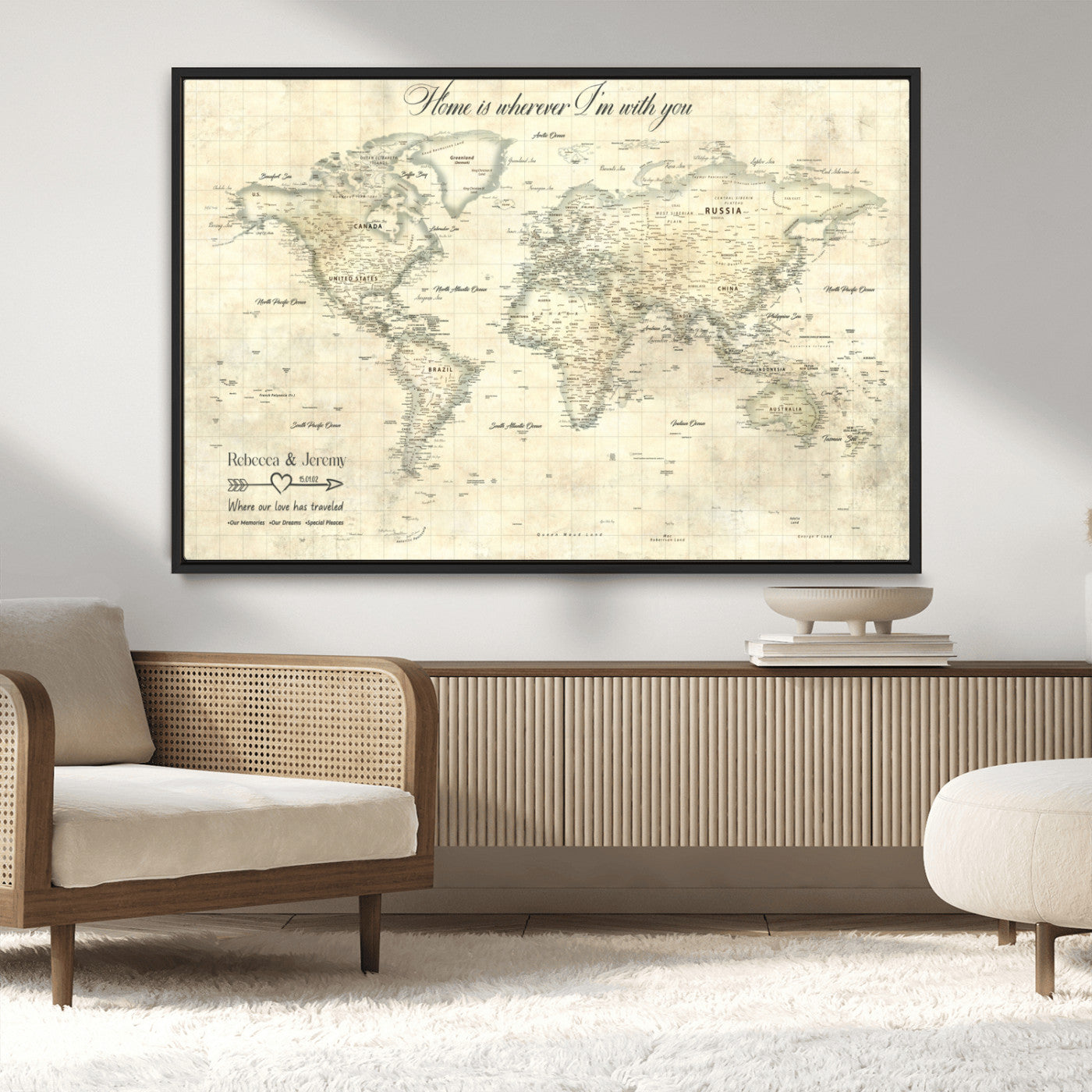 MGV-FC-36X24 - Personalized World Map Wall Art Canvas Print – Custom Push Pin Travel Map for Couples, Families, or Office Décor