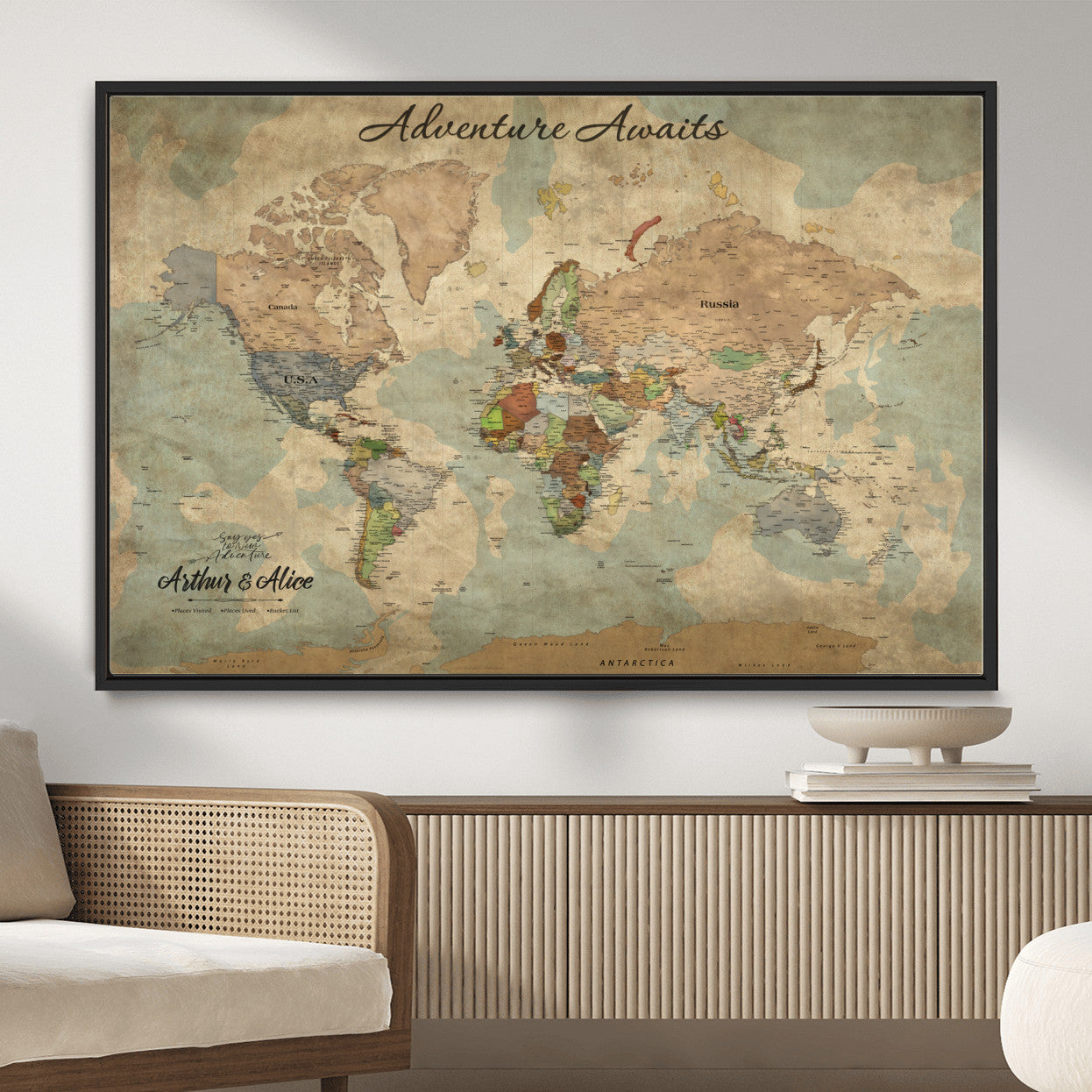 MGV-FC-36X24 - Personalized World Map Wall Art Canvas Print – Custom Push Pin Travel Map for Couples, Families, or Office Décor