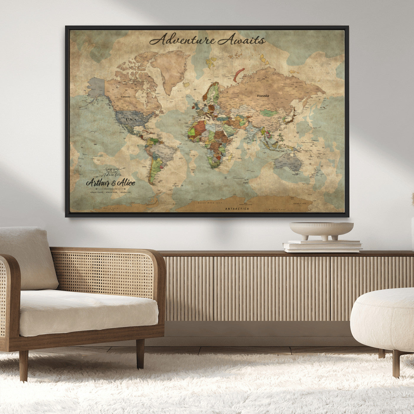 MGV-FC-36X24 - Personalized World Map Wall Art Canvas Print – Custom Push Pin Travel Map for Couples, Families, or Office Décor