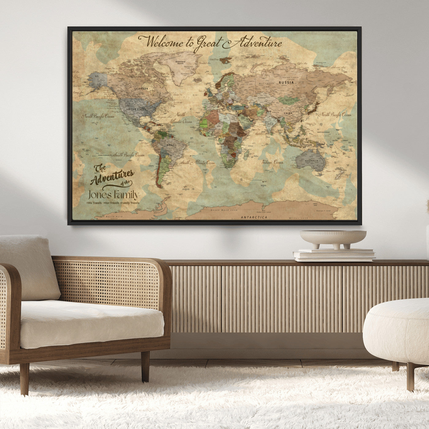 MGV-FC-36X24 - Personalized World Map Wall Art Canvas Print – Custom Push Pin Travel Map for Couples, Families, or Office Décor