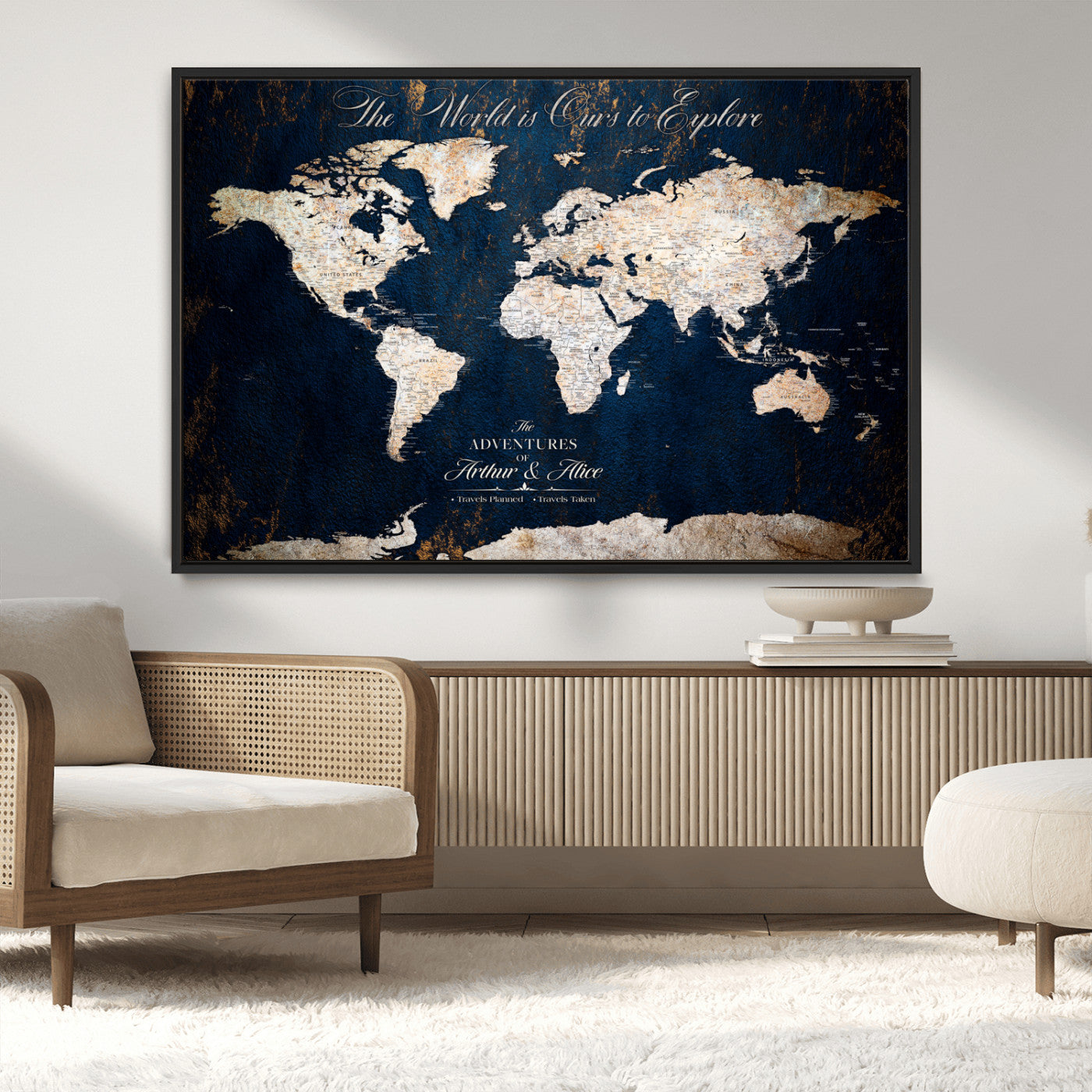 MGV-FC-36X24 - Personalized World Map Wall Art Canvas Print – Custom Push Pin Travel Map for Couples, Families, or Office Décor