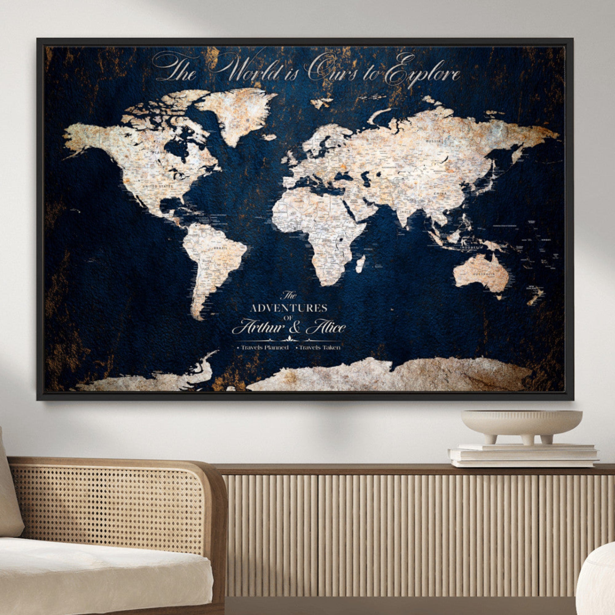 MGV-FC-36X24 - Personalized World Map Wall Art Canvas Print – Custom Push Pin Travel Map for Couples, Families, or Office Décor