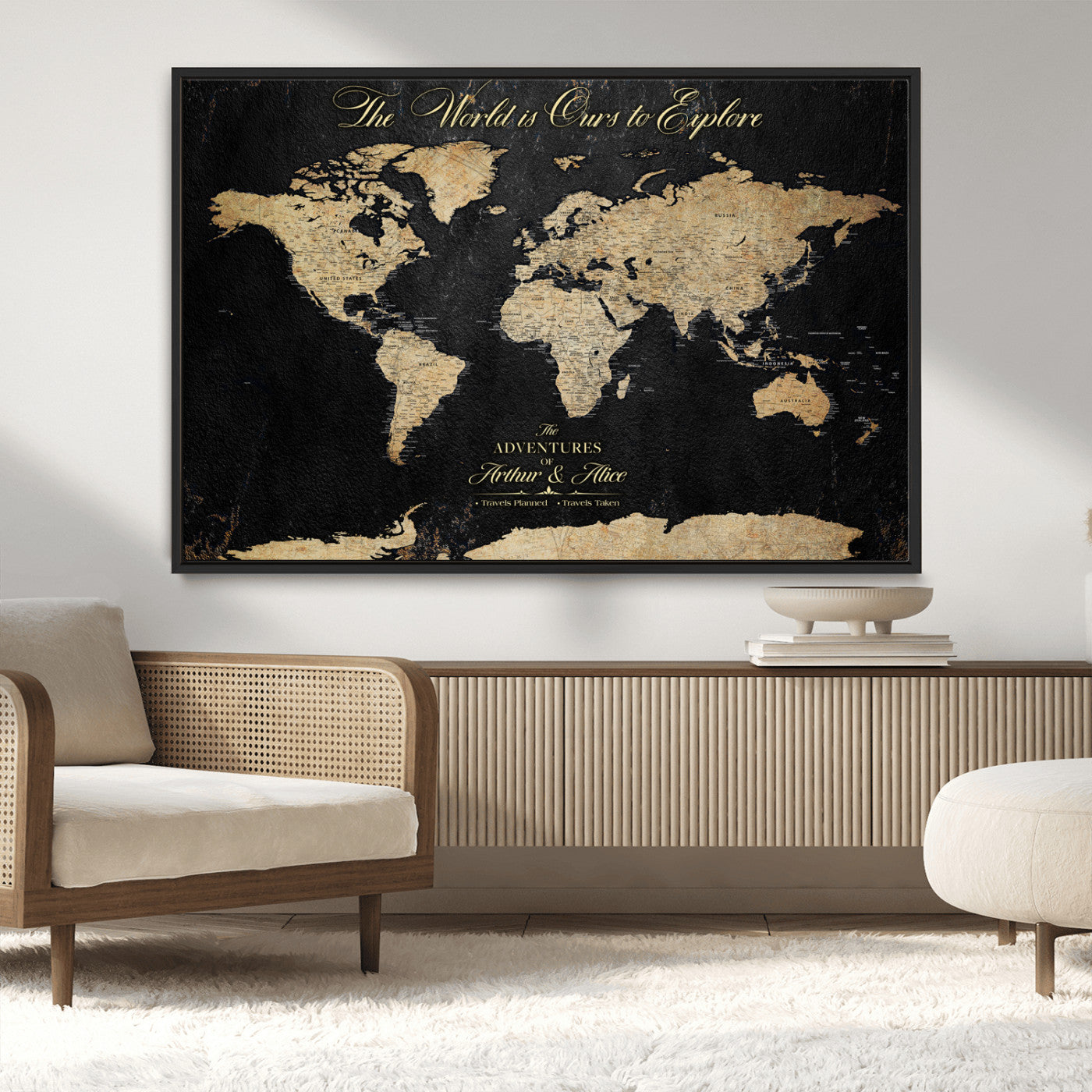 MGV-FC-36X24 - Personalized World Map Wall Art Canvas Print – Custom Push Pin Travel Map for Couples, Families, or Office Décor