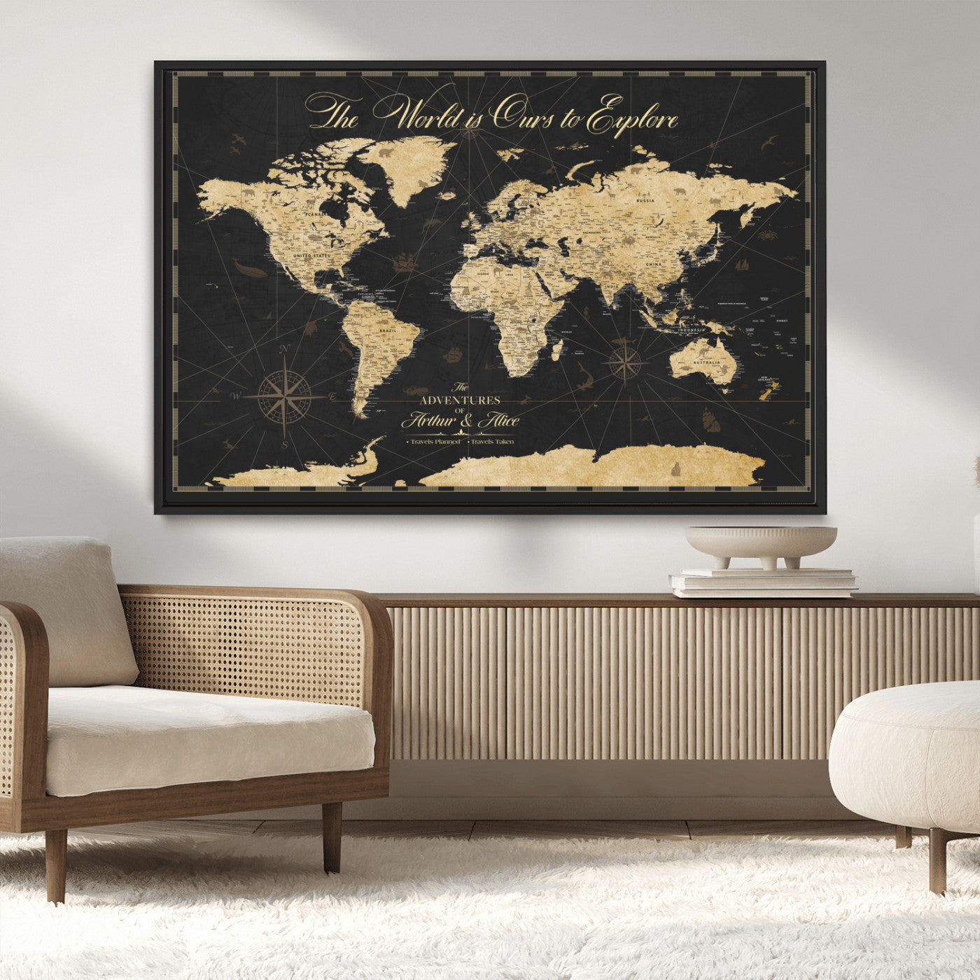 MGV-FC-36X24 - Personalized World Map Wall Art Canvas Print – Custom Push Pin Travel Map for Couples, Families, or Office Décor