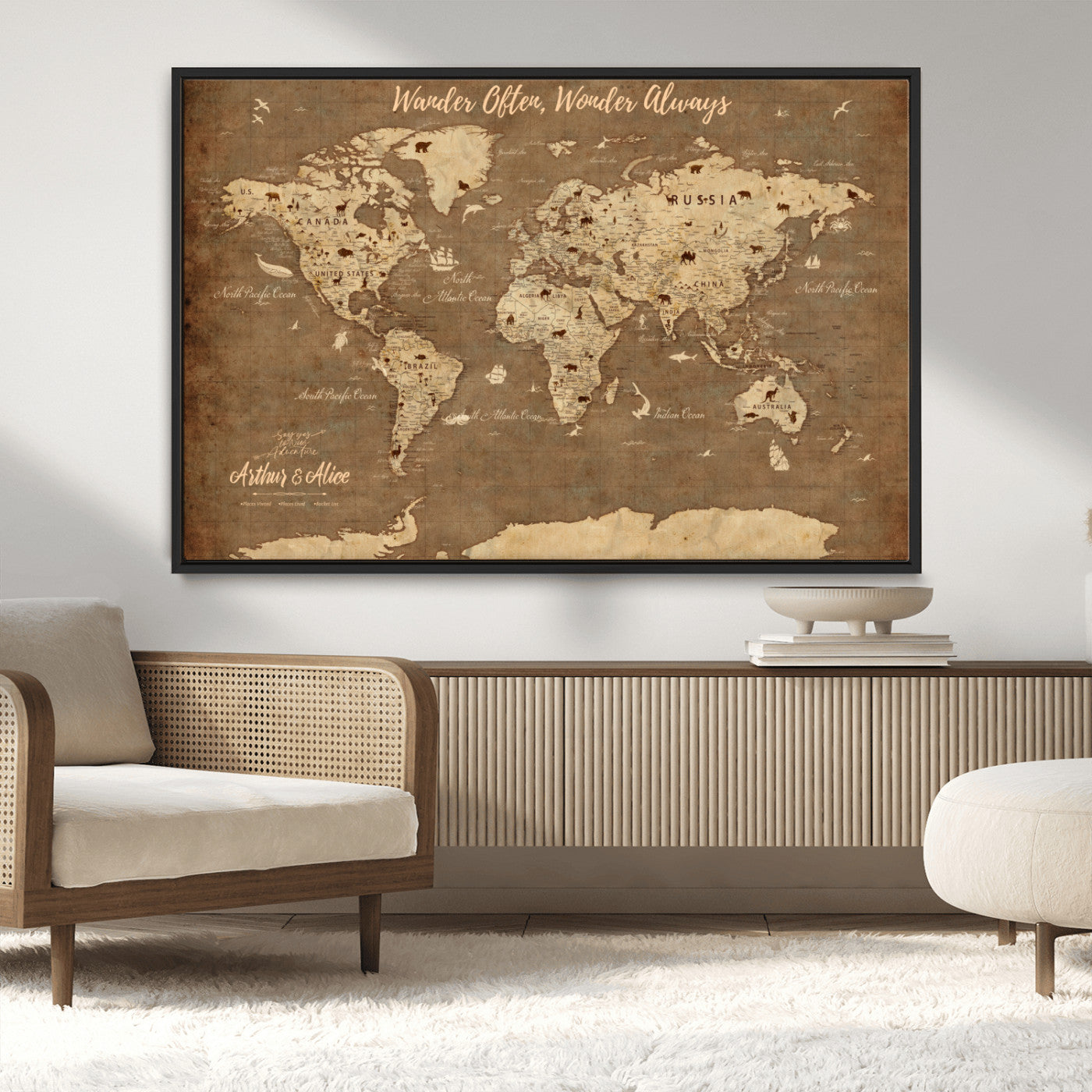MGV-FC-36X24 - Personalized World Map Wall Art Canvas Print – Custom Push Pin Travel Map for Couples, Families, or Office Décor