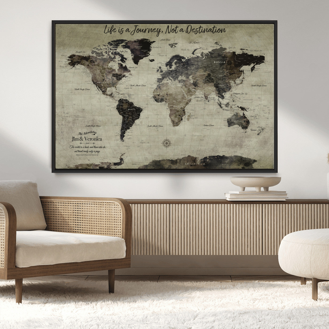 MGV-FC-36X24 - Personalized World Map Wall Art Canvas Print – Custom Push Pin Travel Map for Couples, Families, or Office Décor