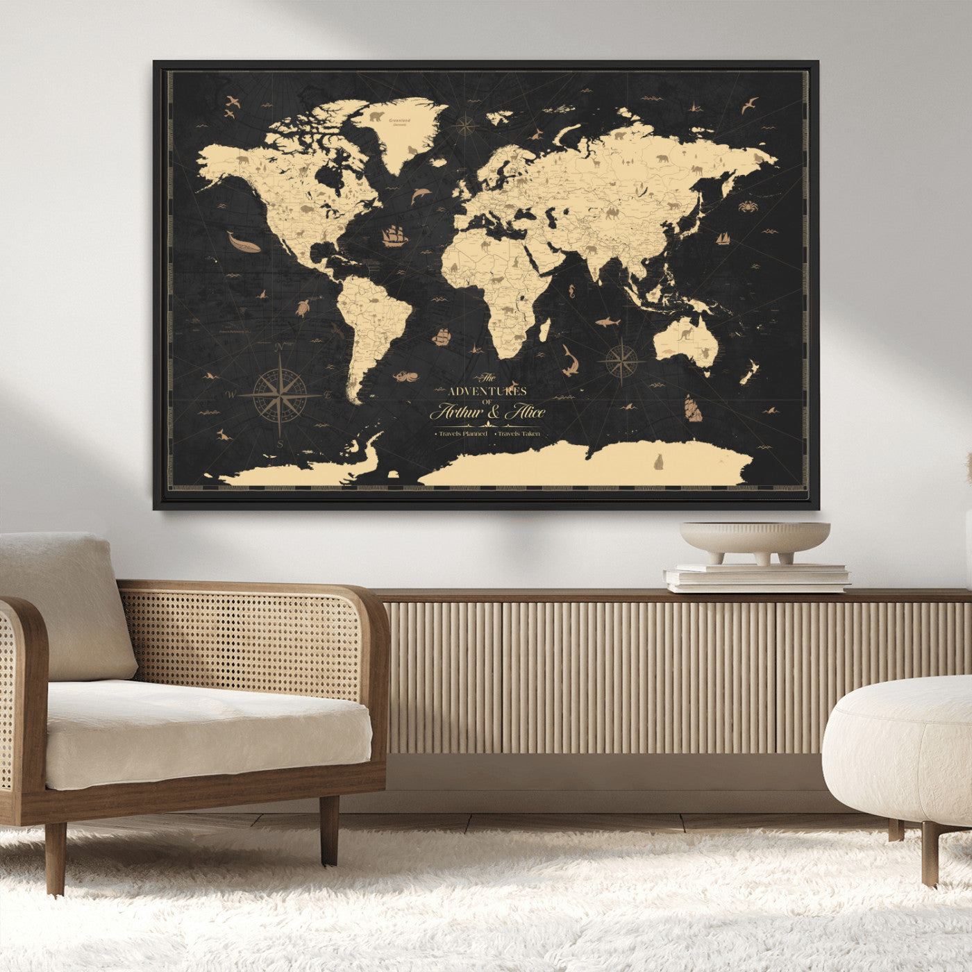 MGV-FC-36X24 - Personalized World Map Wall Art Canvas Print – Custom Push Pin Travel Map for Couples, Families, or Office Décor