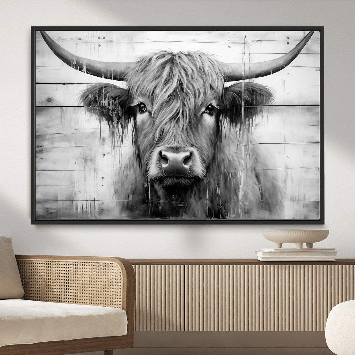 1001HASAN27-MGV-FC-36X24 - Black White Highland Cow Wall Art Canvas Print