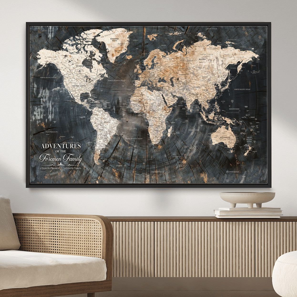58265369-MGV-FC-36X24 - Customized Push Pin World Map Wall Art Canvas Print with Pins, Personalized Travel Tracker Map, Framed World Map for Living Room, Office and Home Decor
