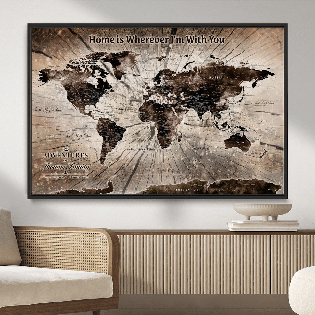 72371980-MGV-FC-36X24 - Personalized World Map Wall Art – Customizable Push Pin Framed Canvas Print Unique Travel Decor for Home, Office