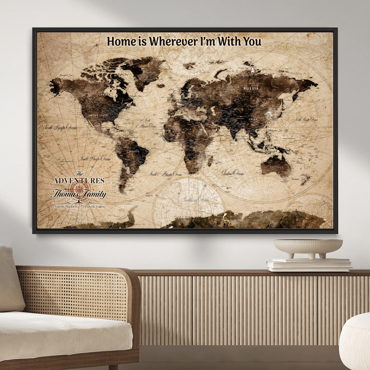 31398786-MGV-FC-36X24 - Personalized World Map Wall Art – Custom Framed Push Pin Travel Tracker Canvas Print Unique Gift for Home, Office