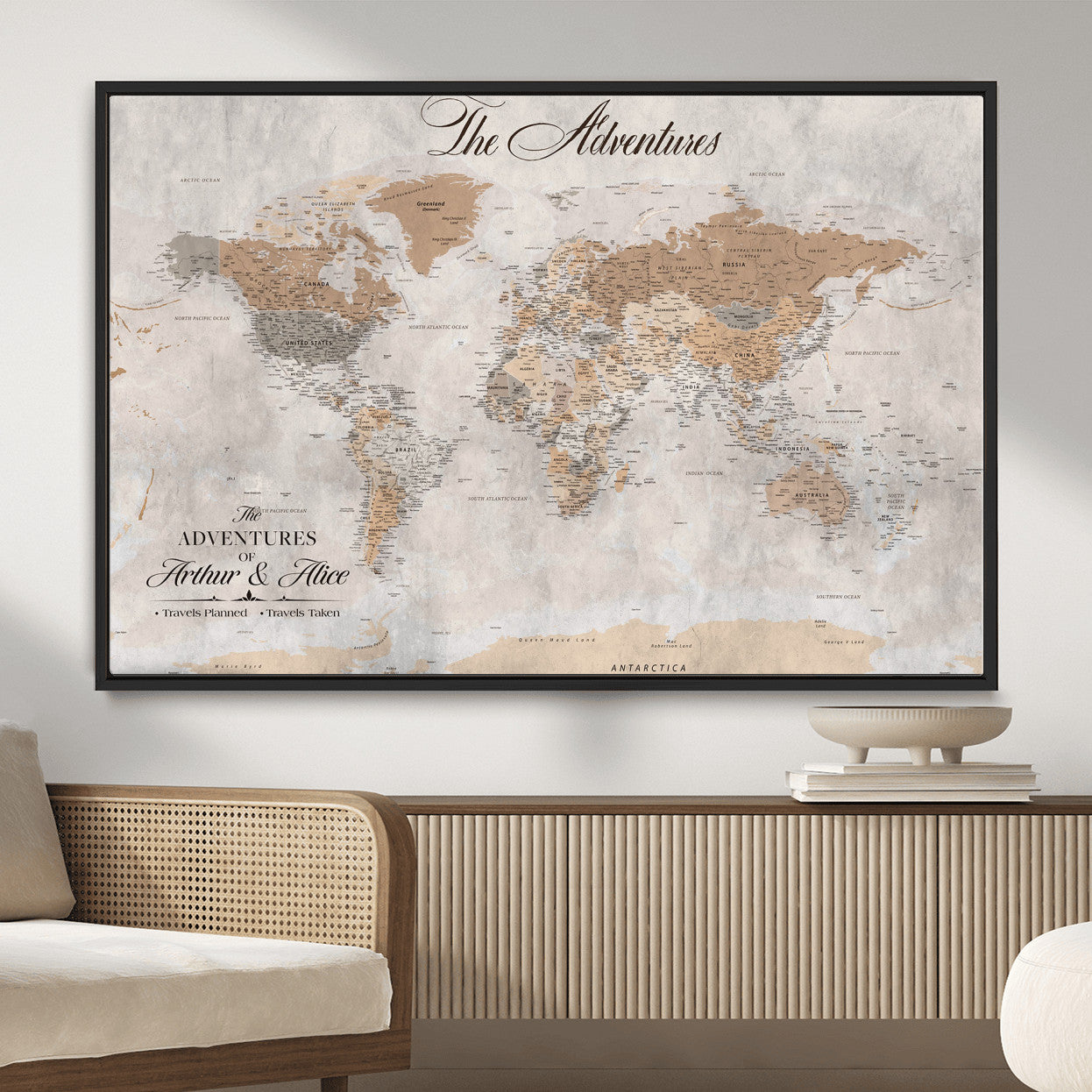 91774967-MGV-FC-36X24 - Personalized Push Pin World Map Canvas Print – Custom Framed Travel Tracker Artwork for Couples or Home Decor