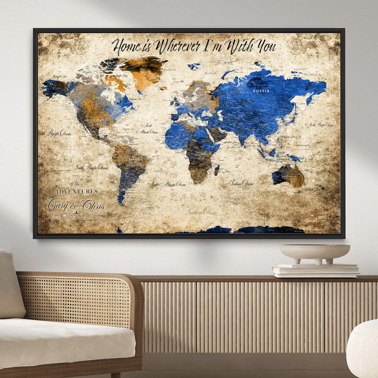 20854758-MGV-FC-36X24 - Personalized Push Pin World Map Canvas Print – Custom Framed Travel Tracker Artwork with Pins for Home and Office Decor
