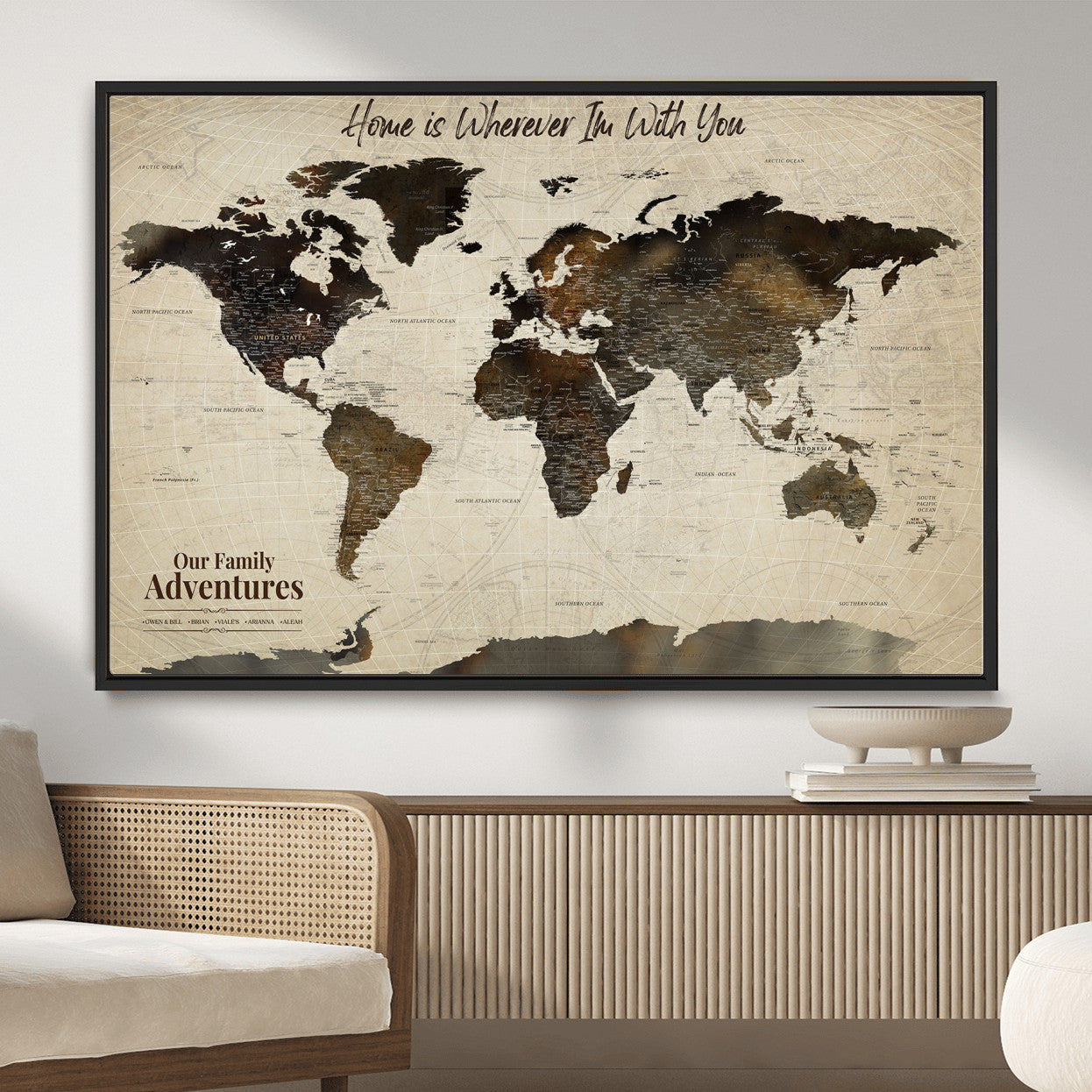 57979837-MGV-FC-36X24 - Personalized Push Pin World Map Canvas Print – Custom Framed Travel Tracker Wall Art Large Map Artwork for Home, Office