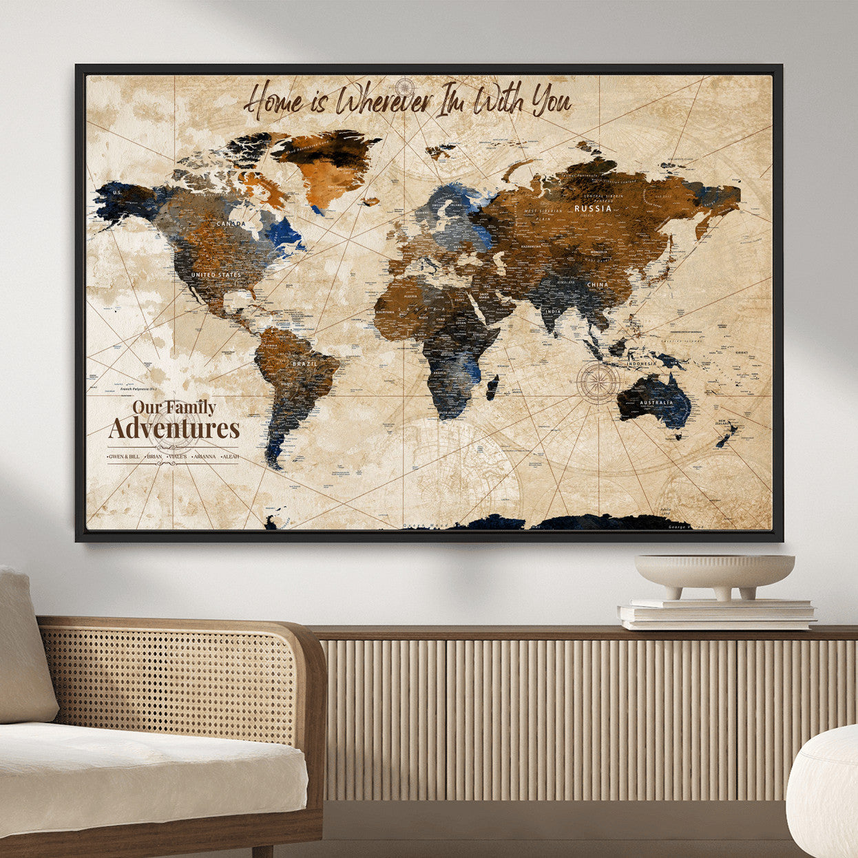 37709027-MGV-FC-36X24 - Customized Push Pin World Map Wall Art Canvas Print with Pins, Vintage Personalized Travel Tracker Map, Framed World Map for Living Room, Office and Home Decor