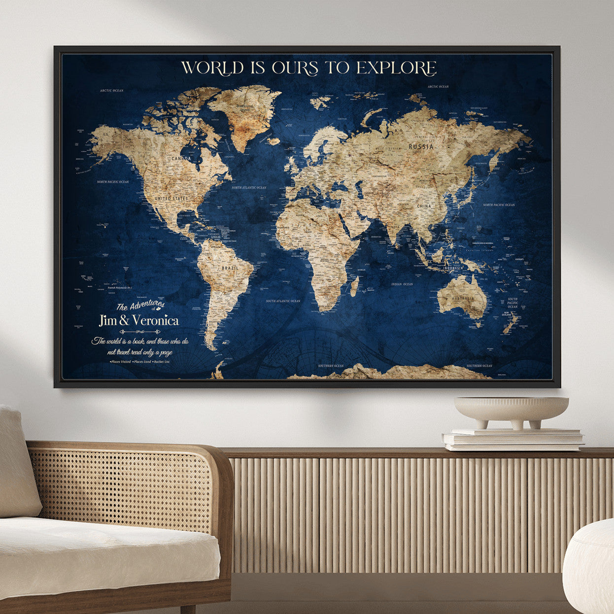33364828-MGV-FC-36X24 - Personalized World Map Wall Art – Custom Framed Push Pin Travel Tracker Canvas Print Unique Gift for Home, Office