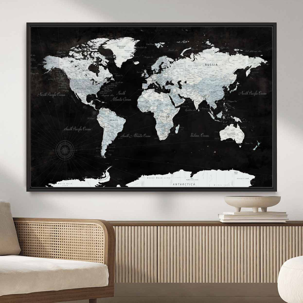 30759283-MGV-FC-36X24 - World Map Wall Art Canvas Print, Modern Decorative Framed Map Artwork Prints for Living Room, Office, Bedroom Wall Decor