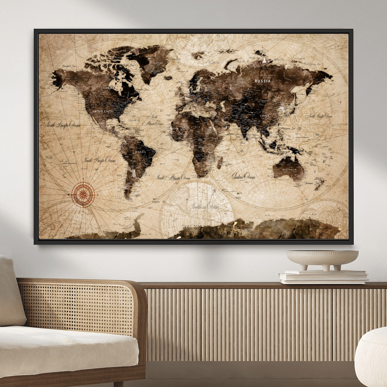 97114757-MGV-FC-36X24 - Vintage World Map Wall Art Canvas Print, Modern Decorative Framed Map Artwork Prints for Living Room, Office, Bedroom Wall Decor