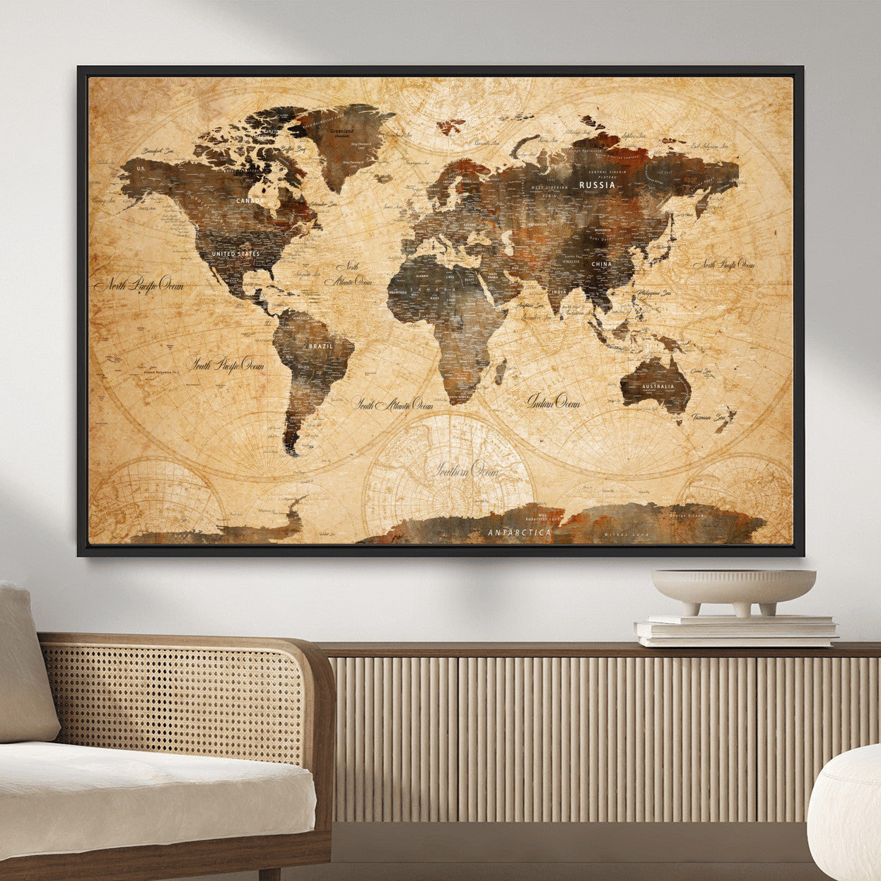 14542905-MGV-FC-36X24 - World Map Wall Art Canvas Print, Modern Decorative Framed Map Artwork Prints for Living Room, Office, Bedroom Wall Decor