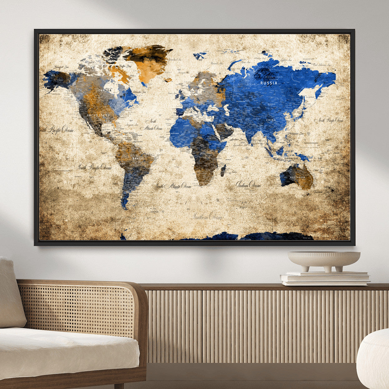 13564339-MGV-FC-36X24 - World Map Wall Art Canvas Print, Modern Decorative Framed Map Artwork Prints for Living Room, Office, Bedroom Wall Decor