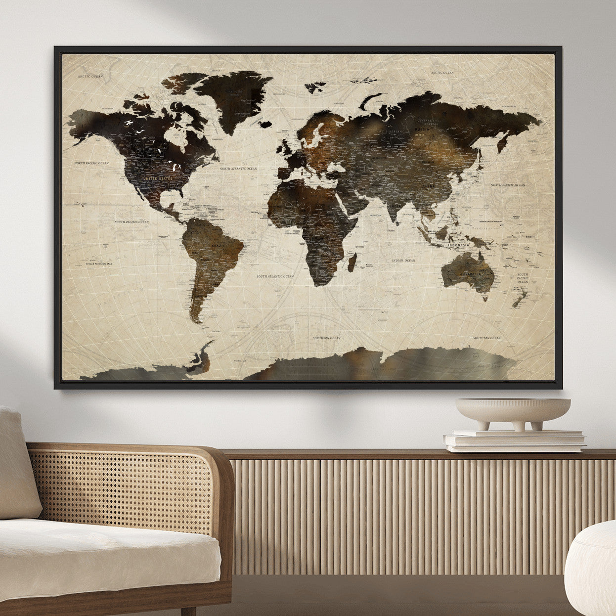 81771296-MGV-FC-36X24 - World Map Wall Art Canvas Print, Modern Decorative Framed Map Artwork Prints for Living Room, Office, Bedroom Wall Decor
