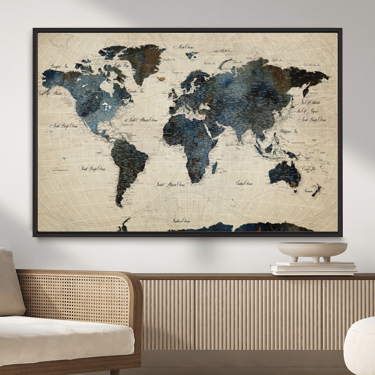 33438443-MGV-FC-36X24 - World Map Wall Art Canvas Print, Modern Decorative Framed Map Artwork Prints for Living Room, Office, Bedroom Wall Decor