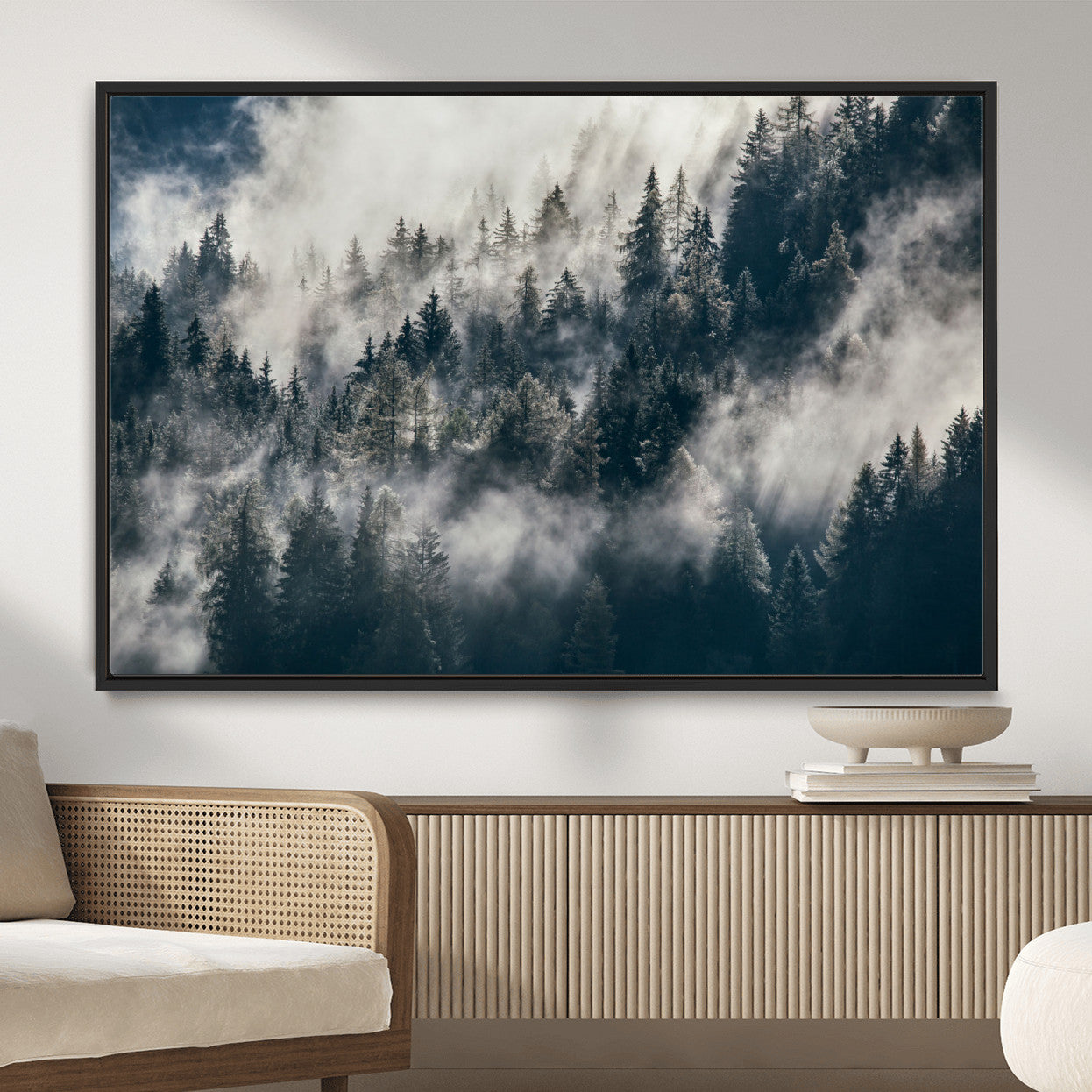 270372951-MGV-FC-36X24 - Misty Pine Forest Canvas Wall Art – Dark Forest Mountaing and Nature Landscape Print, Horizontal Canvas Print