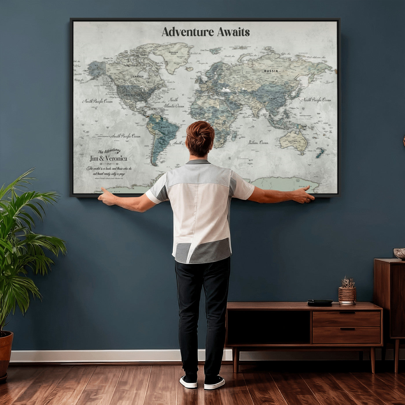 99034689-MGV-FC-36X24 - Customized Push Pin World Map Wall Art Canvas Print with Pins, Framed Personalize Travel Tracker Map, World Map for Living Room and Office Decor