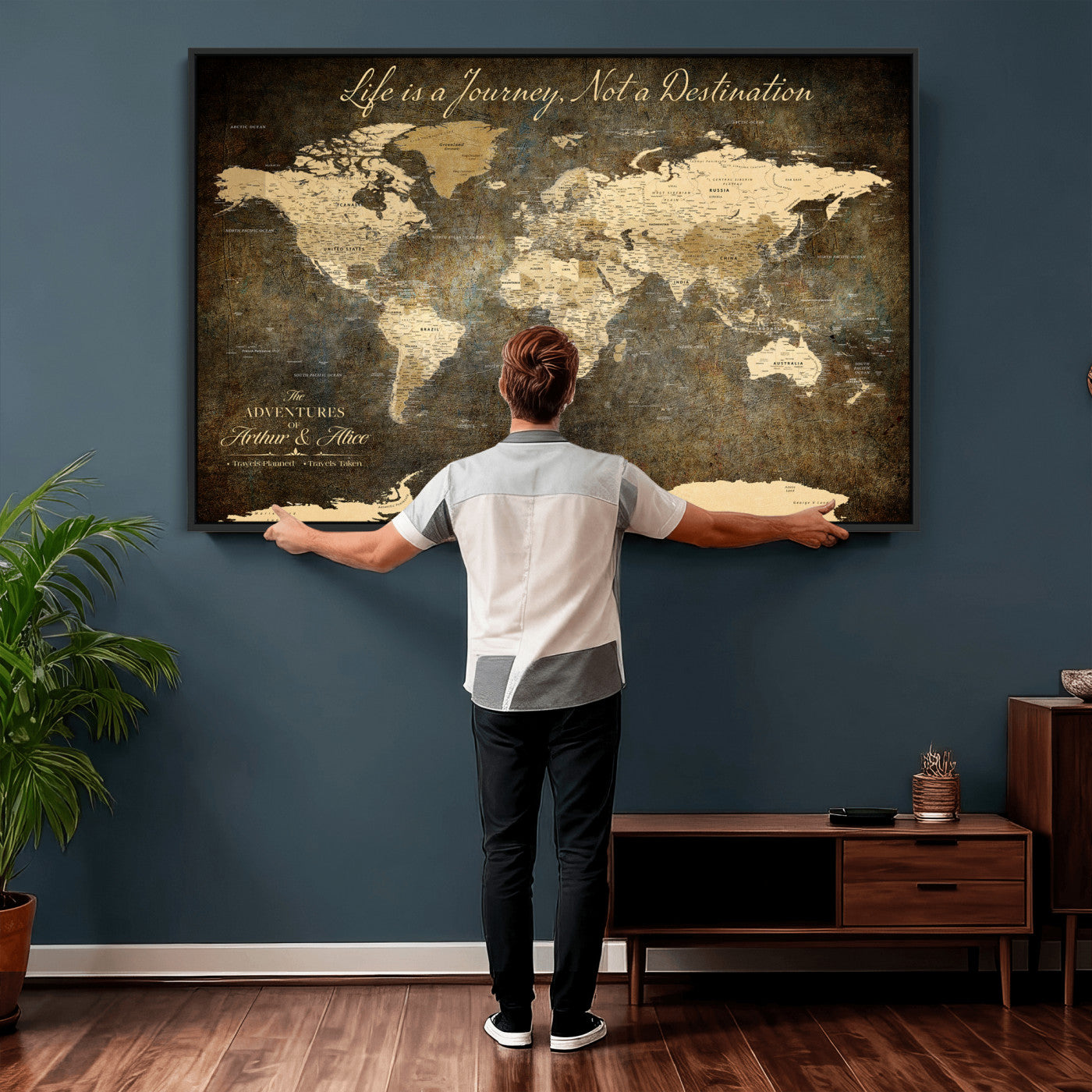 75877068-MGV-CV-36X24 - Custom Push Pin World Map Wall Art Canvas Print – Personalized Travel Tracker with Pins Framed Large for Home and Office Decor