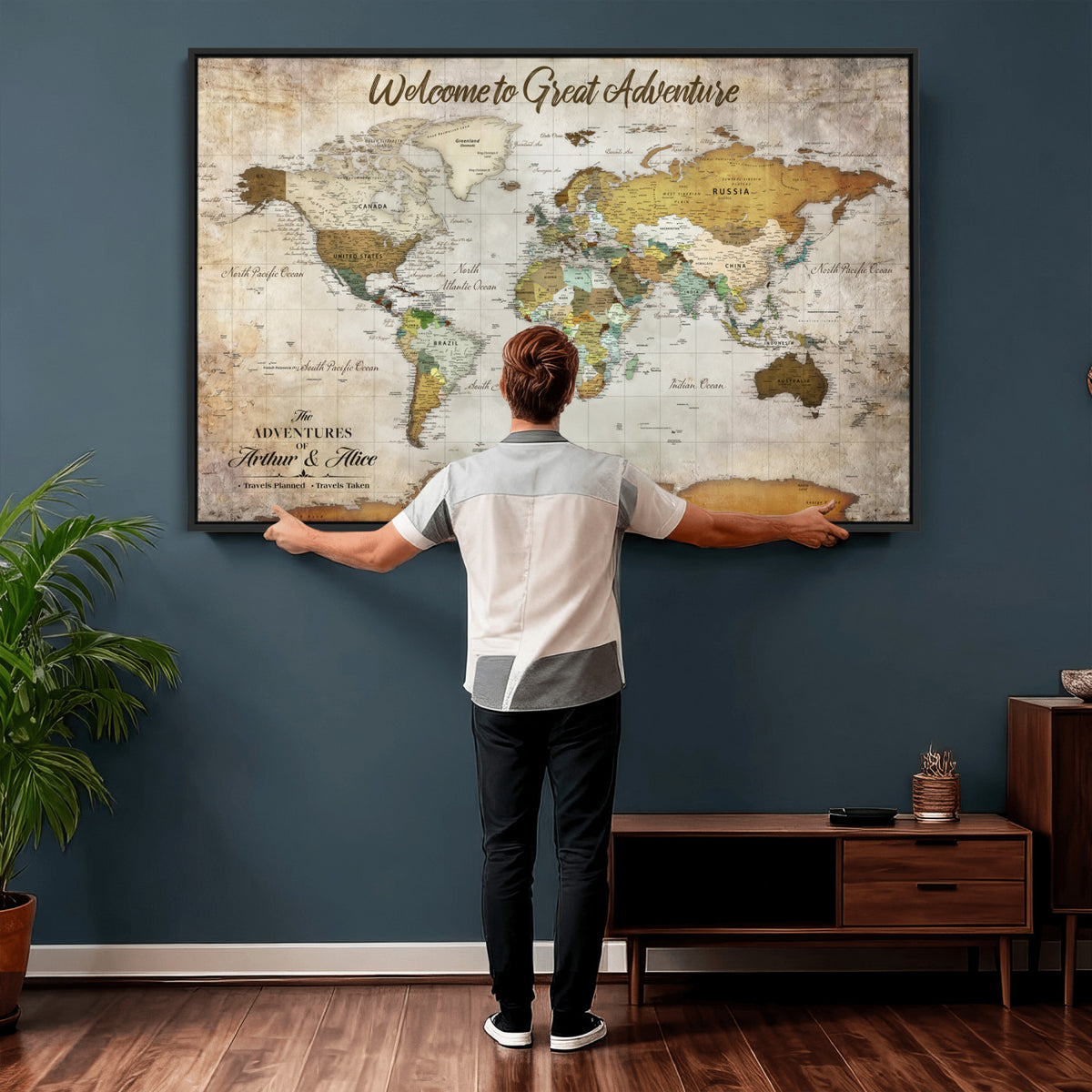 33043195-MGV-CV-36X24 - Personalized Beige World Travel Map Wall Art with Pins, Family Travel Tracker, Family Room and Study Decor