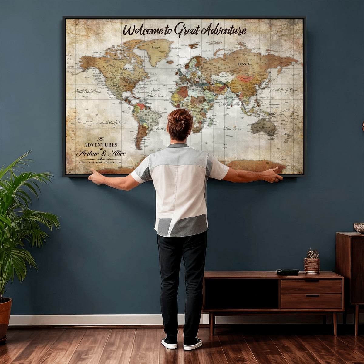22906161-MGV-CV-36X24 - Personalized Beige Push Pin World Map Wall Art, Bucket List Map, Living Room and Family Room Decor