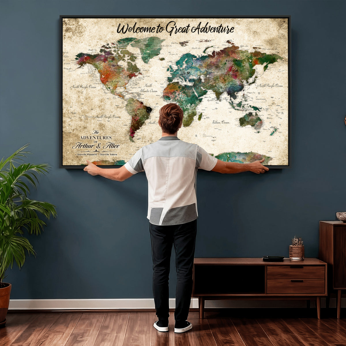 89225601-MGV-CV-36X24 - Personalized Beige Grunge World Map Canvas with Push Pins, Next Trip Planner Map, Family Room and Home Office Decor