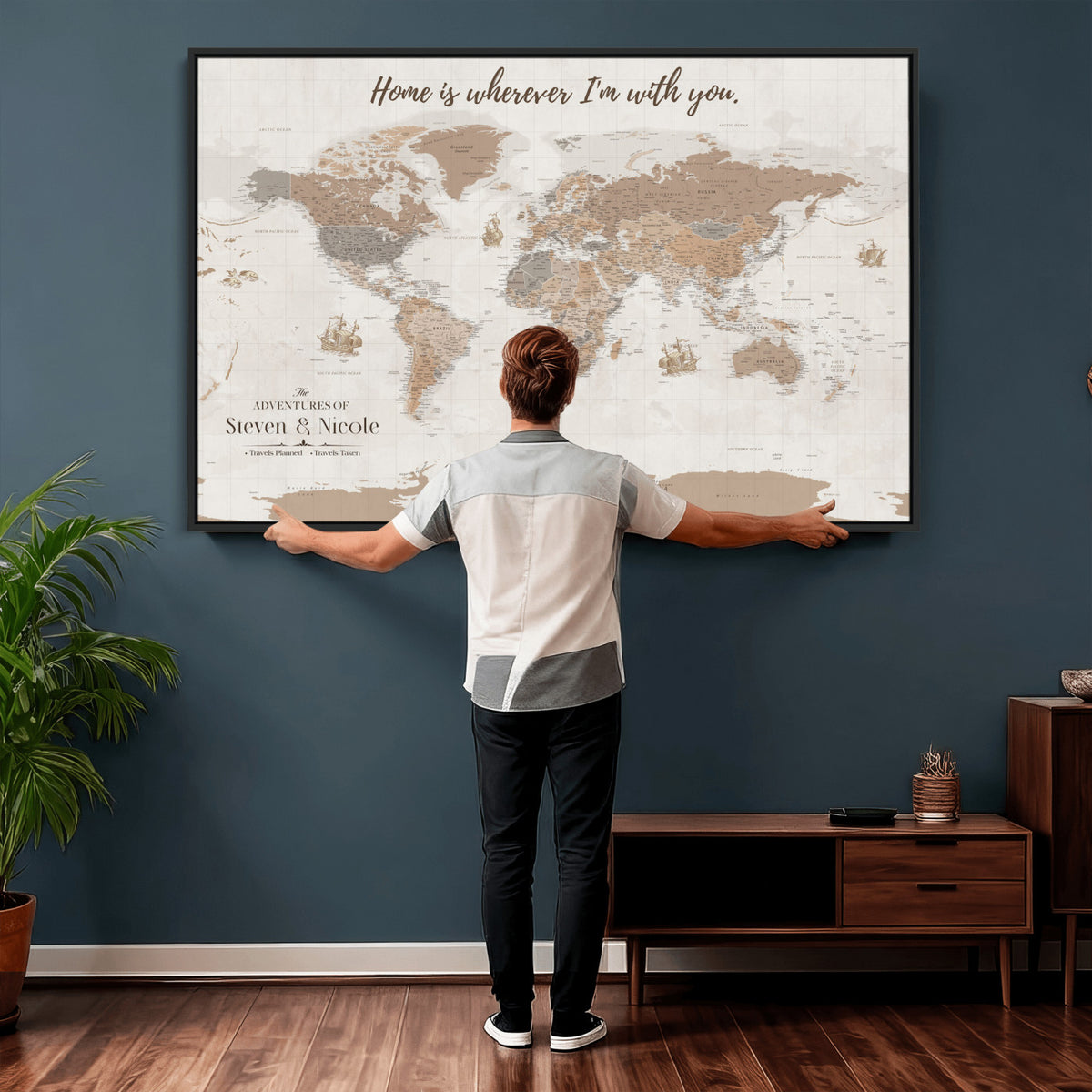 25831578-MGV-CV-36X24 - Custom Push Pin World Map Wall Art Canvas Print | Personalized Travel Tracker with Pins Framed Large for Home and Office Decor