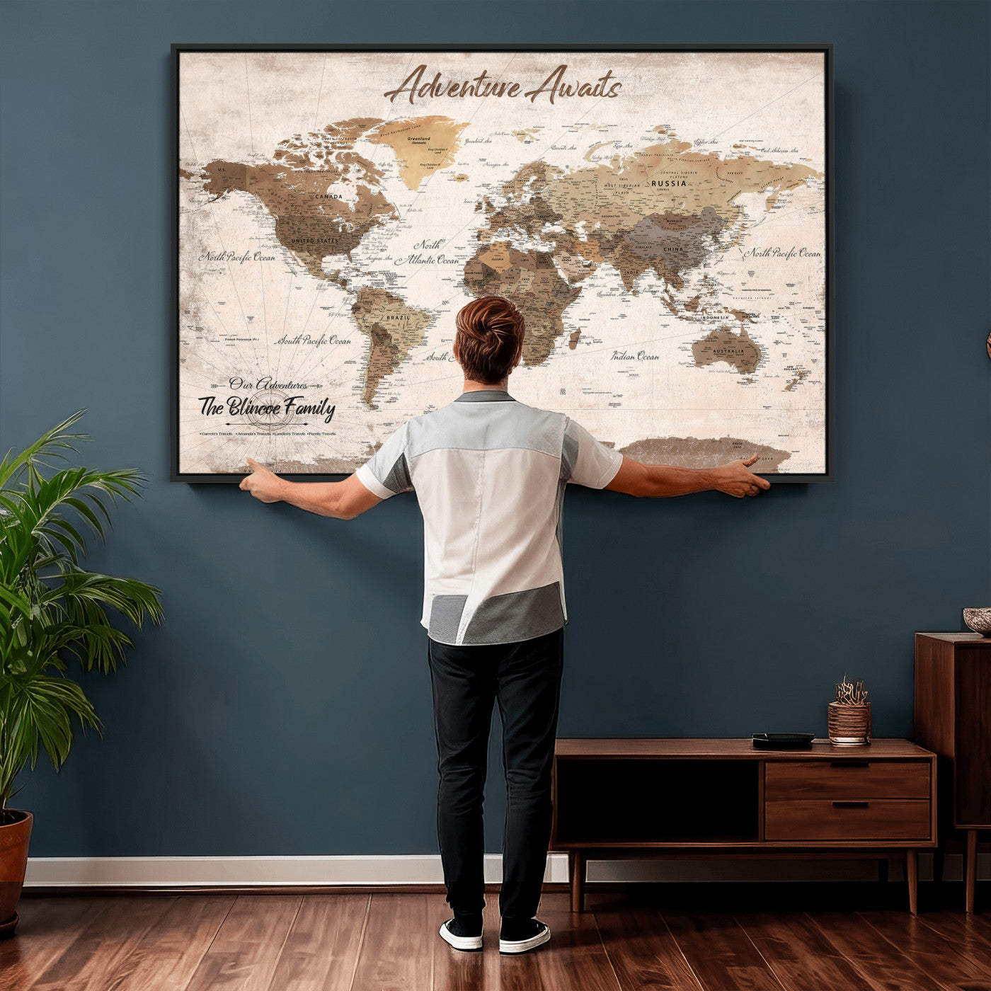 70887266-MGV-CV-36X24 - Custom Push Pin World Map Wall Art Canvas Print – Personalized Travel Tracker with Pins Framed Large for Home and Office Decor